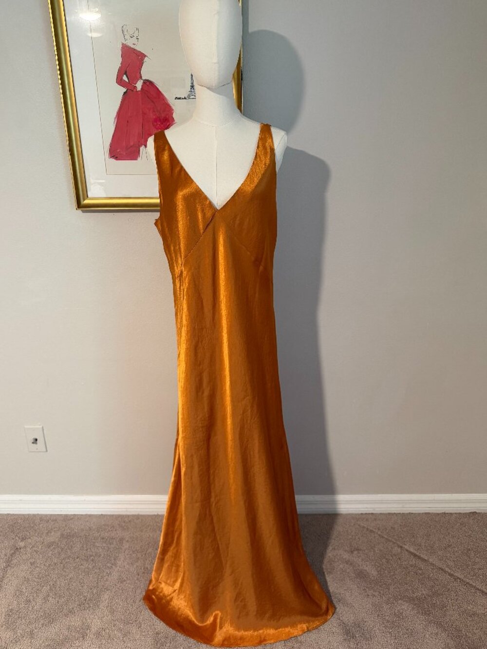 Vince Double V-Neck Satin Slip Midi Dress - Amber/Gold/Orange XL